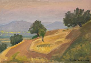 Corinthian Landscape, Olive Trees, Lights in the Distance — Oil painting, Canvas, 35.00×50.00cm — Theodoros Markellos